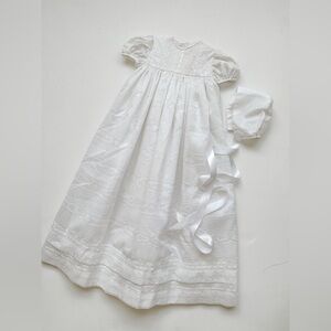 Vintage Baby Christening/Baptism Gown &Bonnet Set-Short Puff Sleeve,Lace Detail